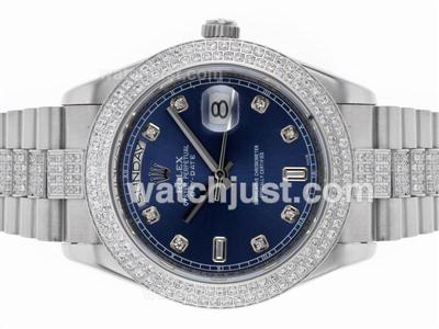 Rolex Day-Date II Swiss ETA 2836 Movement Diamond Bezel and Markers with Blue Dial S/S