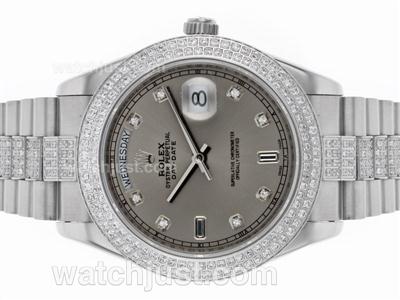 Rolex Day-Date II Swiss ETA 2836 Movement Diamond Bezel and Markers with Gray Dial S/S