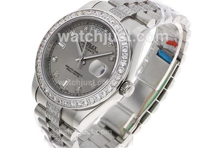Rolex Day-Date II Swiss ETA 2836 Movement Diamond Bezel and Markers with Gray Dial S/S