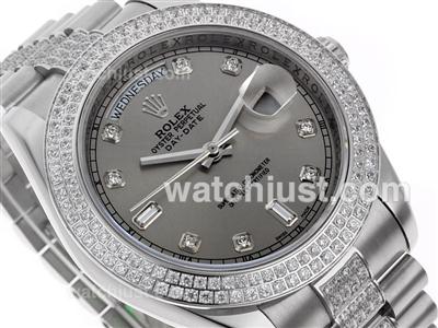 Rolex Day-Date II Swiss ETA 2836 Movement Diamond Bezel and Markers with Gray Dial S/S