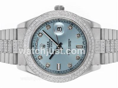 Rolex Day-Date II Swiss ETA 2836 Movement Diamond Bezel and Markers with Light Blue Dial S/S