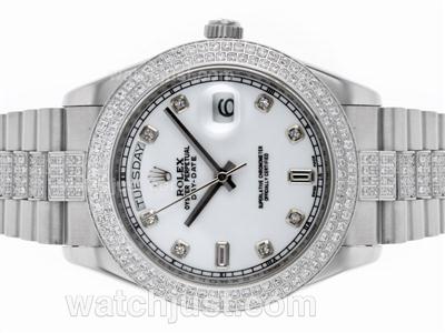 Rolex Day-Date II Swiss ETA 2836 Movement Diamond Bezel and Markers with White Dial S/S