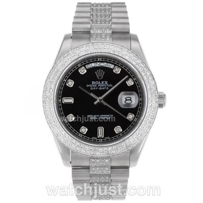 Rolex Day-Date II Swiss ETA 2836 Movement Diamond Markers and Bezel with Black Dial