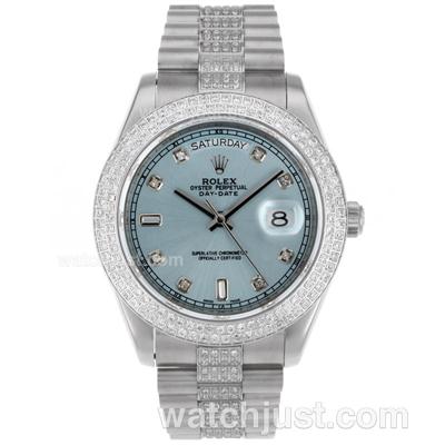 Rolex Day-Date II Swiss ETA 2836 Movement Diamond Markers and Bezel with Blue Dial