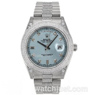 Rolex Day-Date II Swiss ETA 2836 Movement Diamond Markers and Bezel with Light Blue Dial