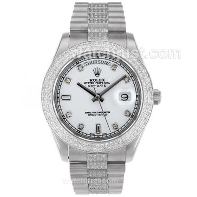 Rolex Day-Date II Swiss ETA 2836 Movement Diamond Markers and Bezel with White Dial