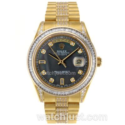 Rolex Day-Date II Swiss ETA 2836 Movement Full Gold CZ Diamond Bezel with Black MOP Dial