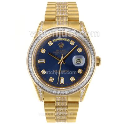 Rolex Day-Date II Swiss ETA 2836 Movement Full Gold CZ Diamond Bezel with Blue Dial