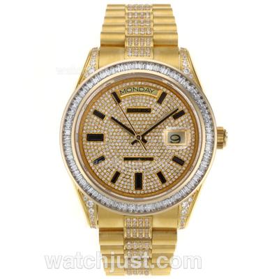 Rolex Day-Date II Swiss ETA 2836 Movement Full Gold CZ Diamond Bezel with Diamond Dial