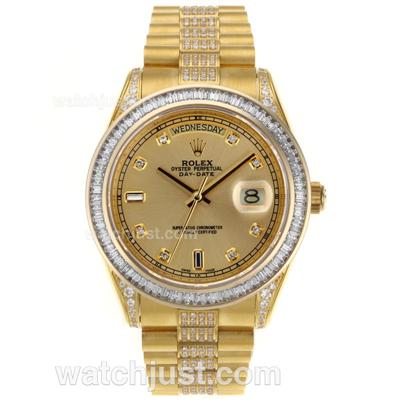 Rolex Day-Date II Swiss ETA 2836 Movement Full Gold CZ Diamond Bezel with Golden Dial