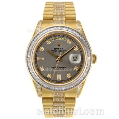 Rolex Day-Date II Swiss ETA 2836 Movement Full Gold CZ Diamond Bezel with Gray Dial