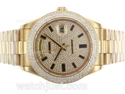 Rolex Day-Date II Swiss ETA 2836 Movement Full Gold Diamond Bezel and Dial with Stick Markers