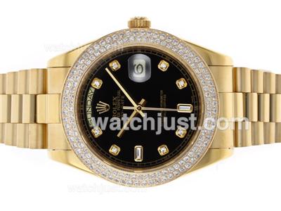 Rolex Day-Date II Swiss ETA 2836 Movement Full Gold Diamond Bezel and Markers with Black Dial