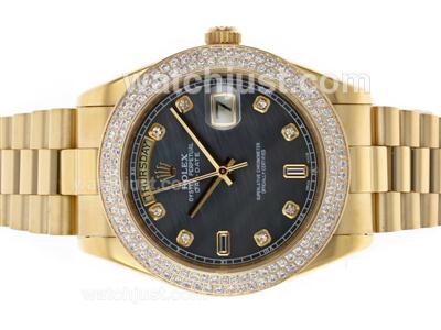 Rolex Day-Date II Swiss ETA 2836 Movement Full Gold Diamond Bezel and Markers with Black MOP Dial