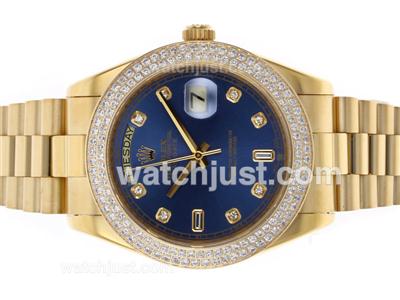 Rolex Day-Date II Swiss ETA 2836 Movement Full Gold Diamond Bezel and Markers with Blue Dial