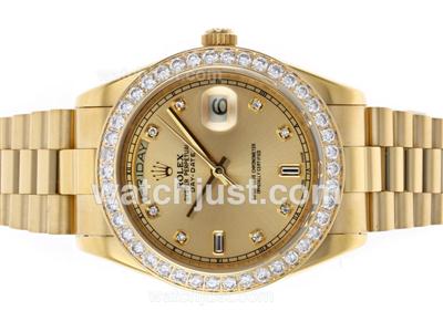 Rolex Day-Date II Swiss ETA 2836 Movement Full Gold Diamond Bezel and Markers with Golden Dial