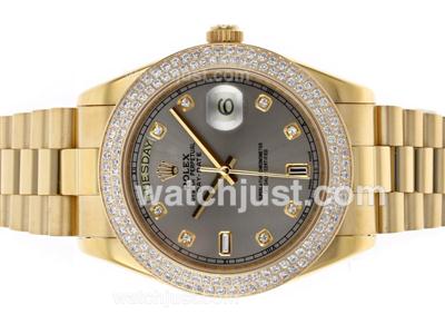 Rolex Day-Date II Swiss ETA 2836 Movement Full Gold Diamond Bezel and Markers with Gray Dial