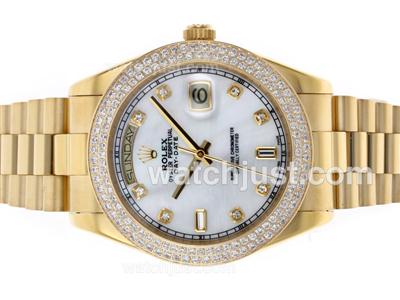 Rolex Day-Date II Swiss ETA 2836 Movement Full Gold Diamond Bezel and Markers with MOP Dial