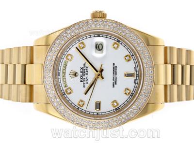Rolex Day-Date II Swiss ETA 2836 Movement Full Gold Diamond Bezel and Markers with White Dial