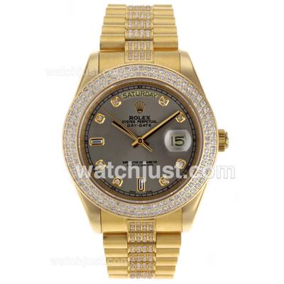 Rolex Day-Date II Swiss ETA 2836 Movement Full Gold Diamond Markers and Bezel with Gray Dial