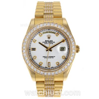 Rolex Day-Date II Swiss ETA 2836 Movement Full Gold Diamond Markers and Bezel with White Dial