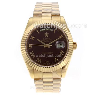 Rolex Day-Date II Swiss ETA 2836 Movement Full Gold Roman Markers with Brown Dial