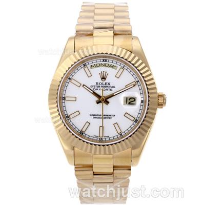 Rolex Day-Date II Swiss ETA 2836 Movement Full Gold Stick Markers with White Dial