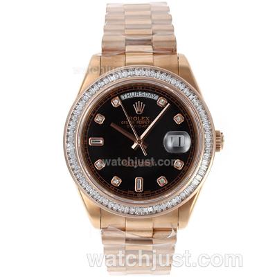 Rolex Day-Date II Swiss ETA 2836 Movement Full Rose Gold CZ Diamond Bezel Diamond Markers with Black Dial