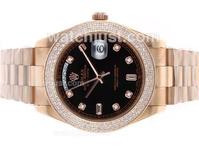 Rolex Day-Date II Swiss ETA 2836 Movement Full Rose Gold Diamond Bezel and Markers with Black Dial