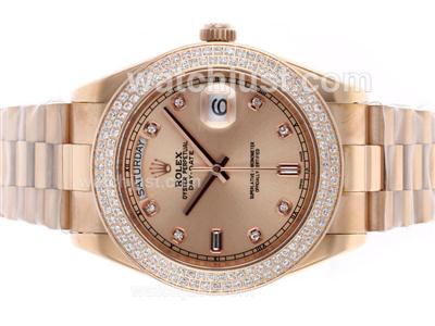 Rolex Day-Date II Swiss ETA 2836 Movement Full Rose Gold Diamond Bezel and Markers with Champagne Dial