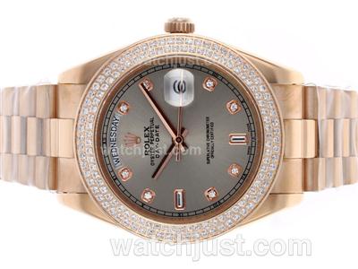Rolex Day-Date II Swiss ETA 2836 Movement Full Rose Gold Diamond Bezel and Markers with Gray Dial