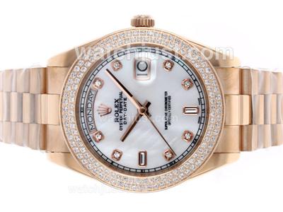 Rolex Day-Date II Swiss ETA 2836 Movement Full Rose Gold Diamond Bezel and Markers with MOP Dial