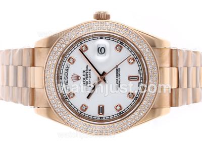 Rolex Day-Date II Swiss ETA 2836 Movement Full Rose Gold Diamond Bezel and Markers with White Dial