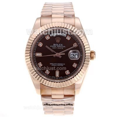 Rolex Day-Date II Swiss ETA 2836 Movement Full Rose Gold Diamond Markers with Brown Dial
