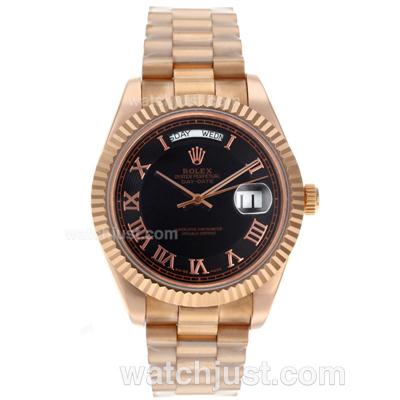 Rolex Day-Date II Swiss ETA 2836 Movement Full Rose Gold Roman Markers with Black Dial