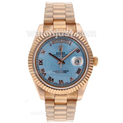 Rolex Day-Date II Swiss ETA 2836 Movement Full Rose Gold Roman Markers with Blue MOP Dial