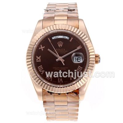 Rolex Day-Date II Swiss ETA 2836 Movement Full Rose Gold Roman Markers with Brown Dial