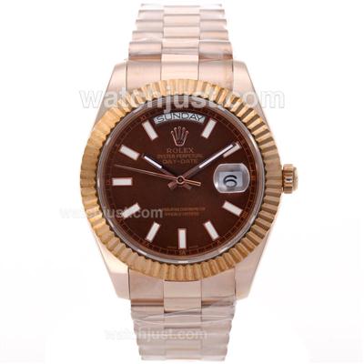 Rolex Day-Date II Swiss ETA 2836 Movement Full Rose Gold Stick Markers with Brown Dial