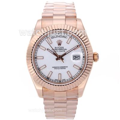 Rolex Day-Date II Swiss ETA 2836 Movement Full Rose Gold Stick Markers with White Dial