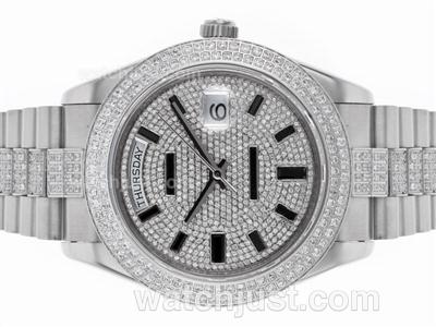 Rolex Day-Date II Swiss ETA 2836 Movement Stick Markers with Diamond Bezel and Dial S/S