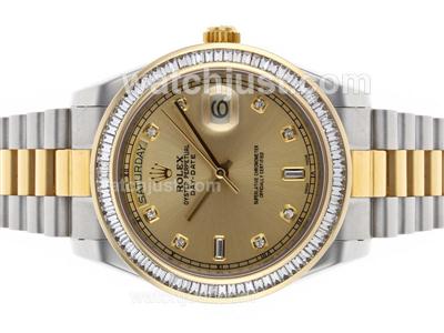 Rolex Day-Date II Swiss ETA 2836 Movement Two Tone CZ Diamond Bezel with Golden Dial