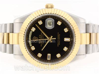 Rolex Day-Date II Swiss ETA 2836 Movement Two Tone Diamond Markers with Black Dial-41mm Version