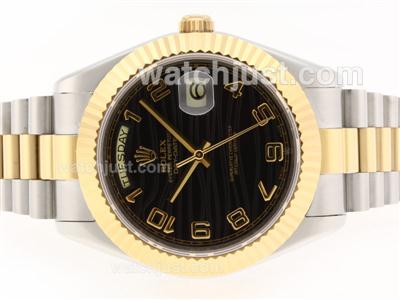 Rolex Day-Date II Swiss ETA 2836 Movement Two Tone Number Markers with Black Wave Dial