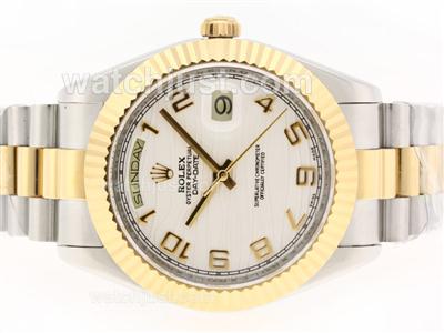 Rolex Day-Date II Swiss ETA 2836 Movement Two Tone Number Markers with White Wave Dial