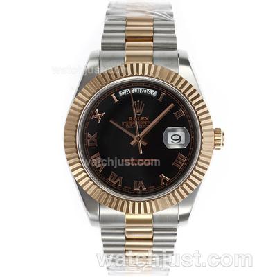 Rolex Day-Date II Swiss ETA 2836 Movement Two Tone Roman Markers with Black Dial