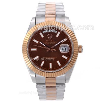 Rolex Day-Date II Swiss ETA 2836 Movement Two Tone Stick Markers with Brown Dial