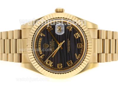 Rolex Day-Date II Swiss ETA 3156 Movement Full Gold Number Markers with Black Wave Dial