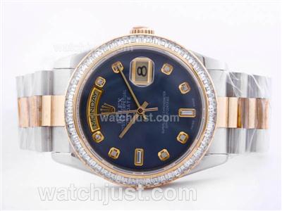 Rolex Day Date Swiss ETA 2836 Movement 14K Wrapped Gold With Blue MOP Dial-Baguette CZ Diamond Bezel