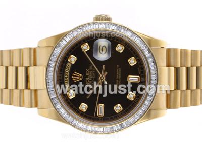 Rolex Day-Date Swiss ETA 2836 Movement 18K Full Gold With CZ Diamond Bezel with Black Dial