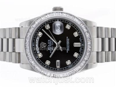 Rolex Day-Date Swiss ETA 2836 Movement CZ Diamond Bezel with Black Dial